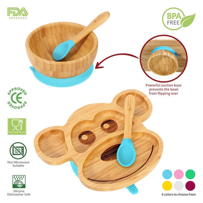 Bamboo Monkey Plate Bowl & Spoon Set Suction Bowls Stay-Put Design - BLUE