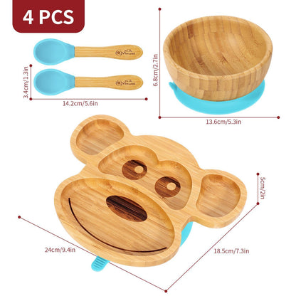 Bamboo Monkey Plate Bowl & Spoon Set Suction Bowls Stay-Put Design - BLUE