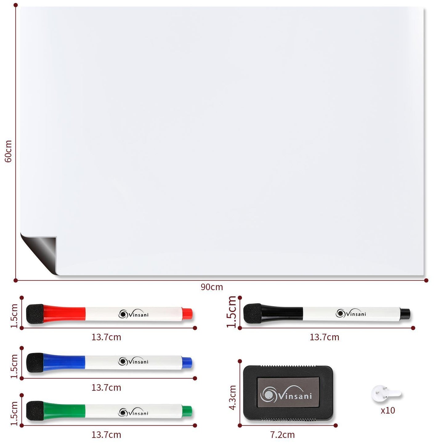 Magnetic Whiteboard  60 x 90 cm Notes, Lists, Memos, Menus Use 4 Magnetic Dry Wipe Pens & Magnetic Eraser