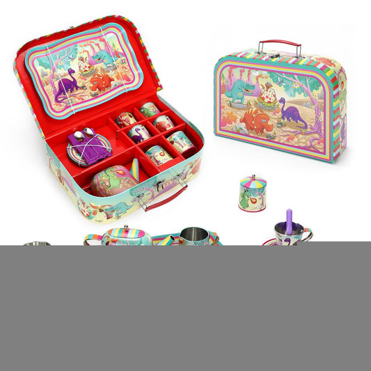 SOKA 18 Pcs Dinosaur Metal Tin Kids Teapot Tea Party Set Carry Case Toy Pretend Role Play