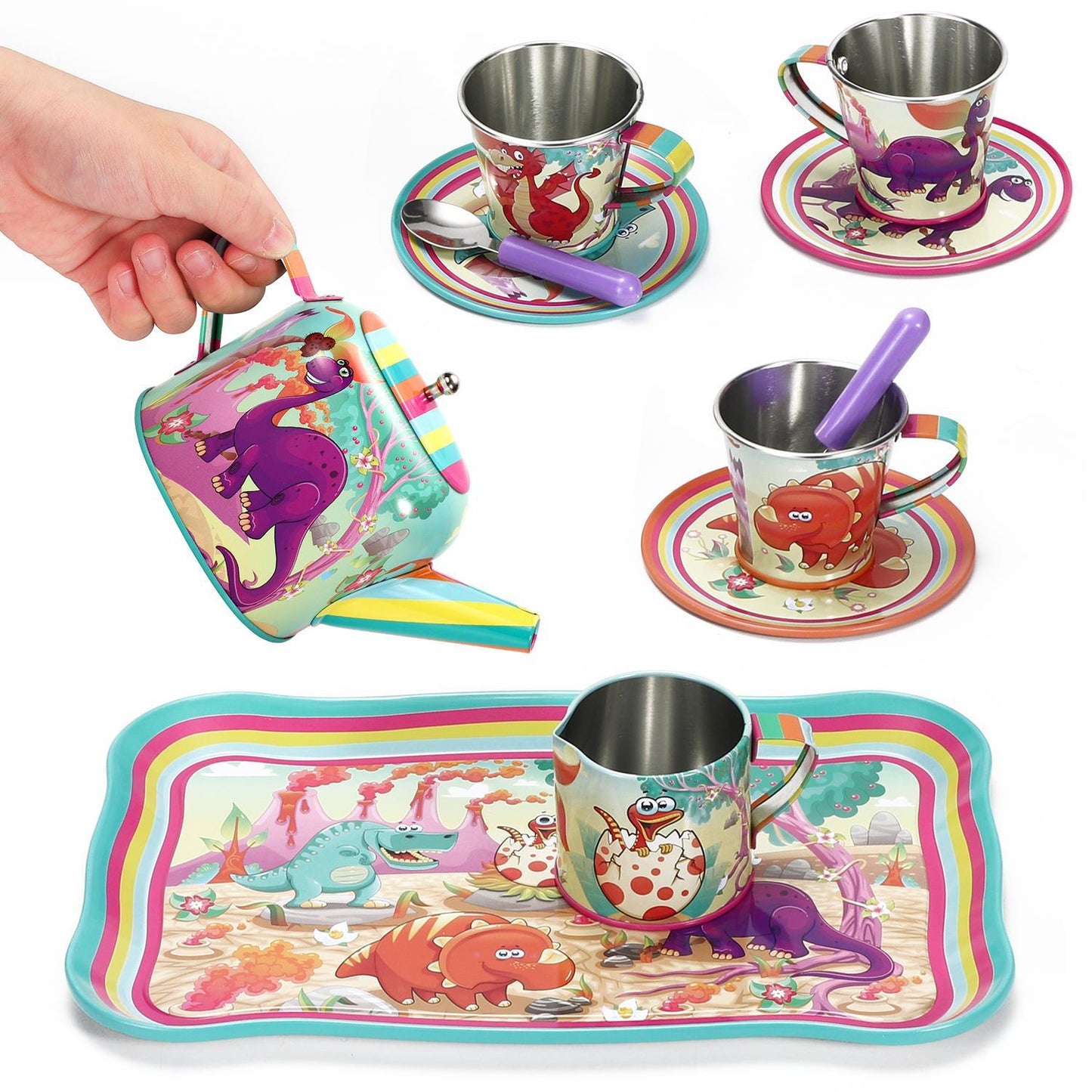 SOKA 18 Pcs Dinosaur Metal Tin Kids Teapot Tea Party Set Carry Case Toy Pretend Role Play