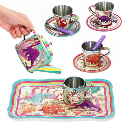 SOKA 18 Pcs Dinosaur Metal Tin Kids Teapot Tea Party Set Carry Case Toy Pretend Role Play