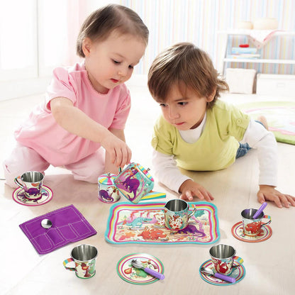 SOKA 18 Pcs Dinosaur Metal Tin Kids Teapot Tea Party Set Carry Case Toy Pretend Role Play
