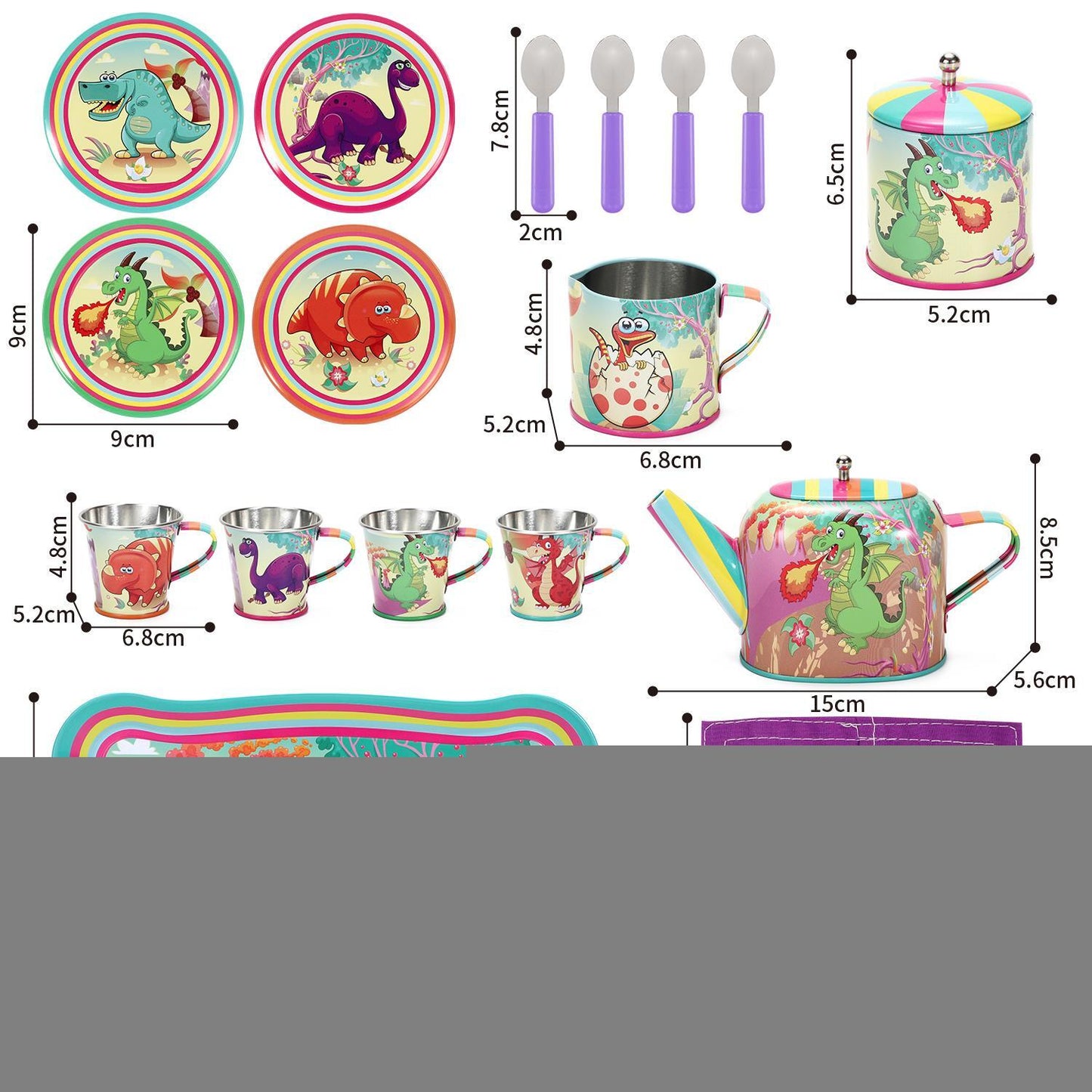 SOKA 18 Pcs Dinosaur Metal Tin Kids Teapot Tea Party Set Carry Case Toy Pretend Role Play