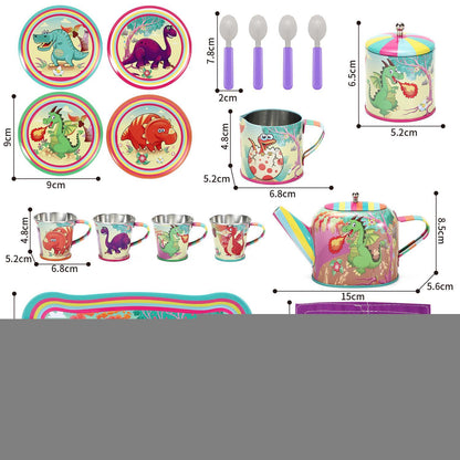 SOKA 18 Pcs Dinosaur Metal Tin Kids Teapot Tea Party Set Carry Case Toy Pretend Role Play
