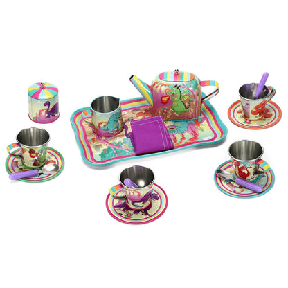 SOKA 18 Pcs Dinosaur Metal Tin Kids Teapot Tea Party Set Carry Case Toy Pretend Role Play