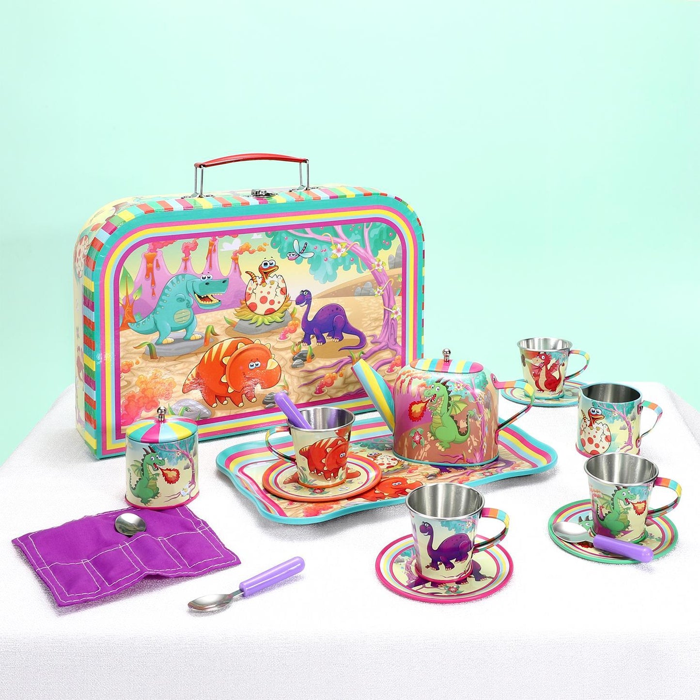 SOKA 18 Pcs Dinosaur Metal Tin Kids Teapot Tea Party Set Carry Case Toy Pretend Role Play