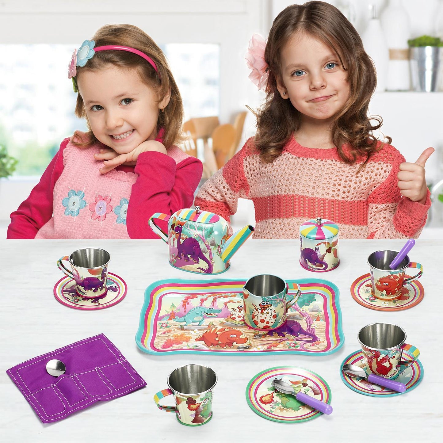 SOKA 18 Pcs Dinosaur Metal Tin Kids Teapot Tea Party Set Carry Case Toy Pretend Role Play