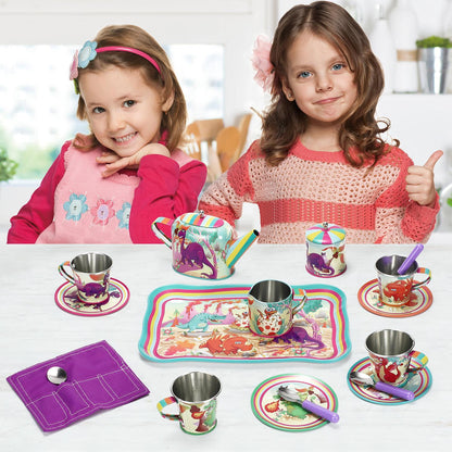 SOKA 18 Pcs Dinosaur Metal Tin Kids Teapot Tea Party Set Carry Case Toy Pretend Role Play