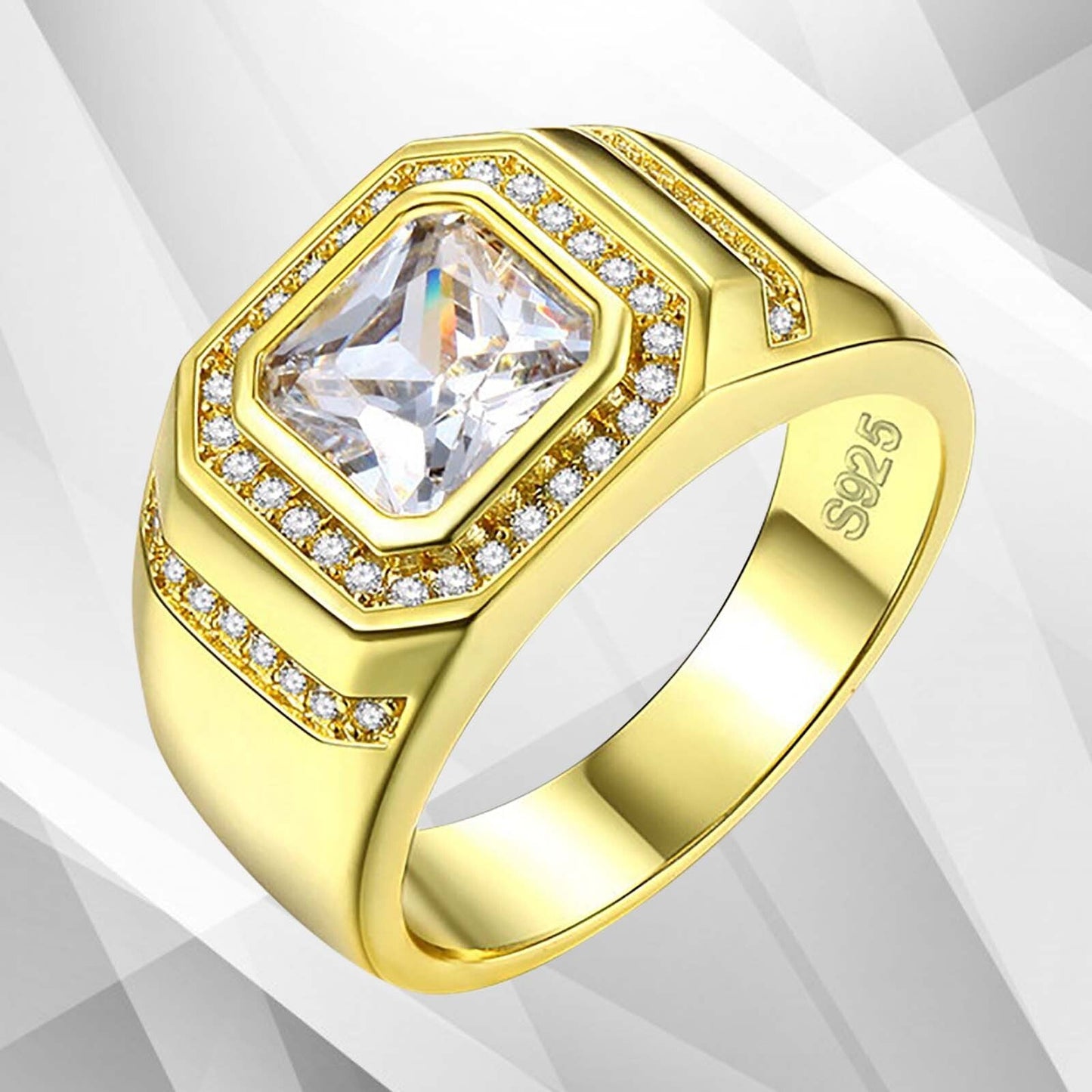 Gents 2.88Ct Square-Cut 44 CZ Diamonds Solitaire Ring Size P-Z 18Ct Gold Over