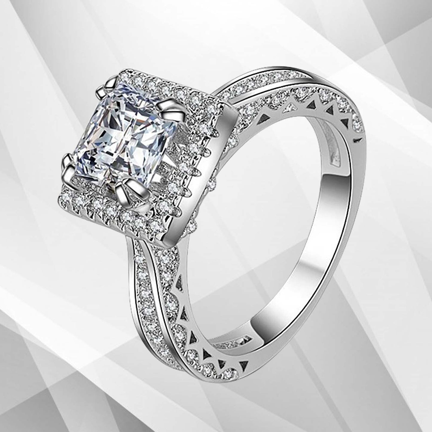 2.5Ct Princess-Cut 94 Diamonds Cushion Halo Engagement Ring 18Ct White Gold Over