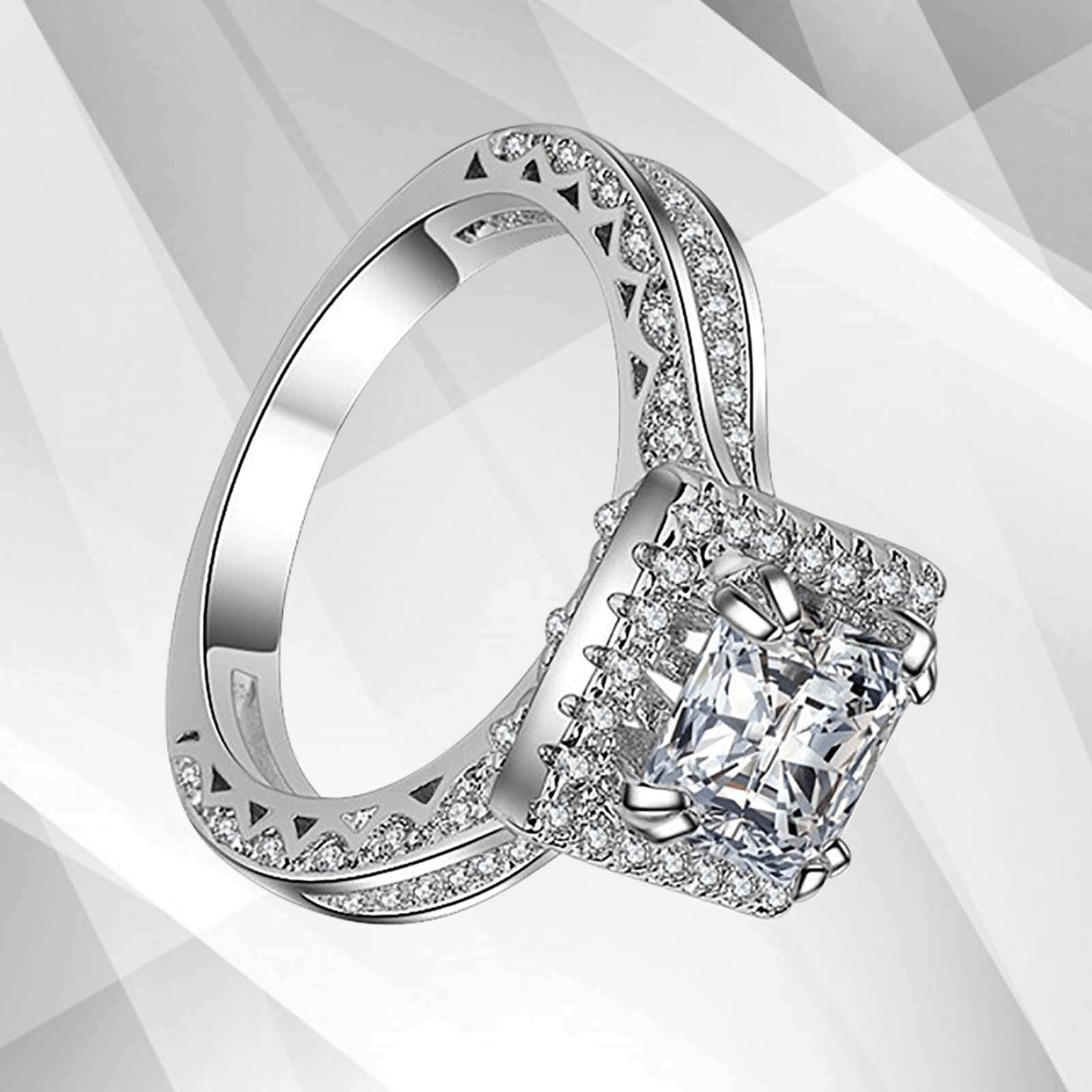 2.5Ct Princess-Cut 94 Diamonds Cushion Halo Engagement Ring 18Ct White Gold Over