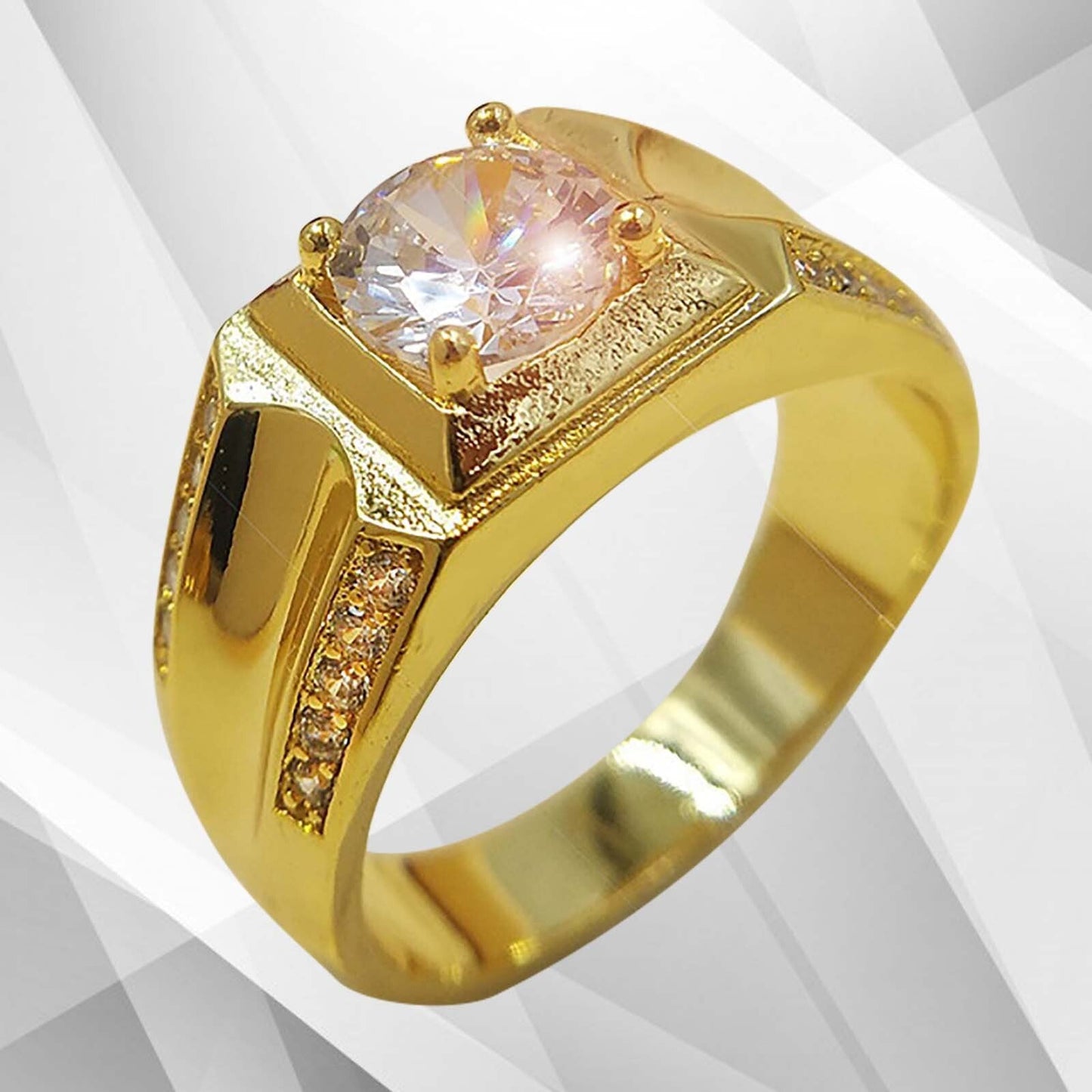 Gents 2.00Ct Round-Cut 21 CZ Diamonds Men's Ring Size N-W 18Ct Yellow Gold Over