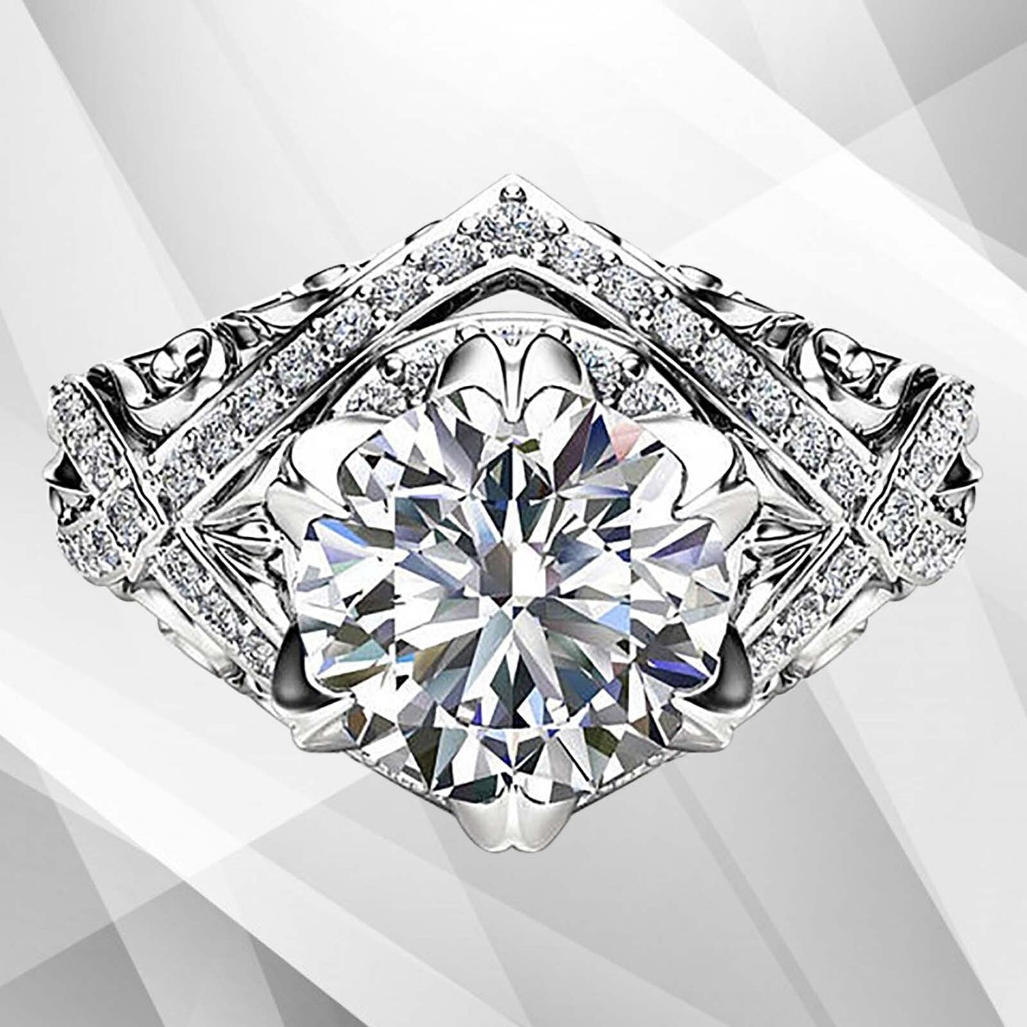 2.50Ct Round-Cut 55 Diamonds Engagement Party Solitaire Ring 18k White Gold Over