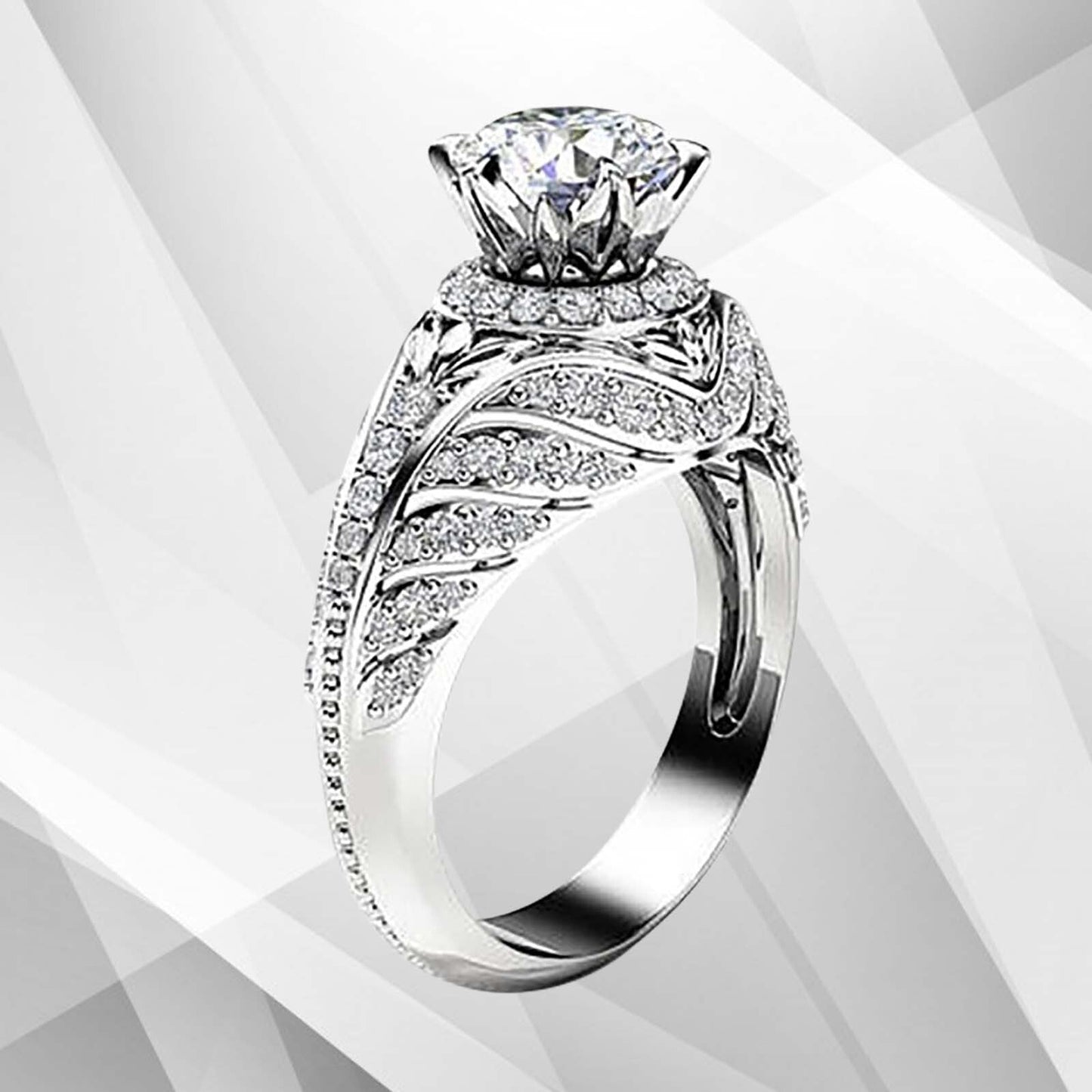2.50Ct Round-Cut 55 Diamonds Engagement Party Solitaire Ring 18k White Gold Over
