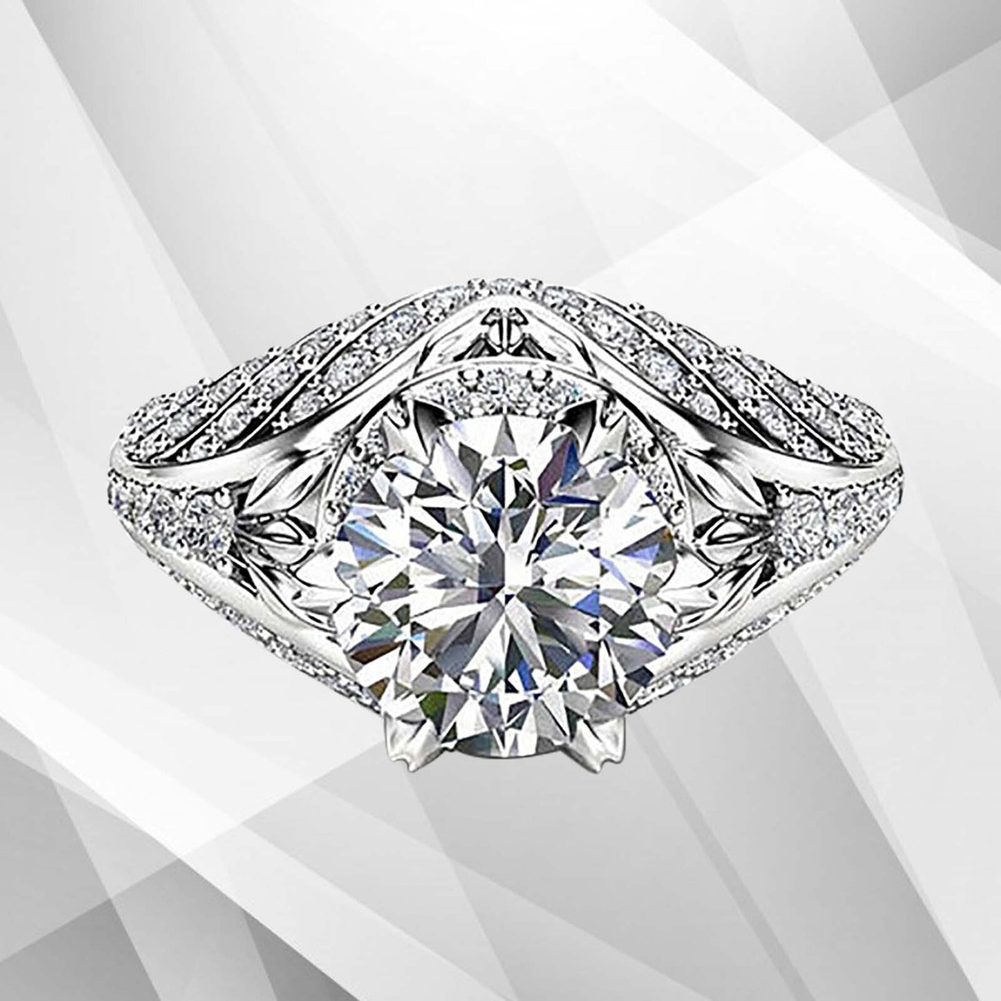 2.50Ct Round-Cut 55 Diamonds Engagement Party Solitaire Ring 18k White Gold Over