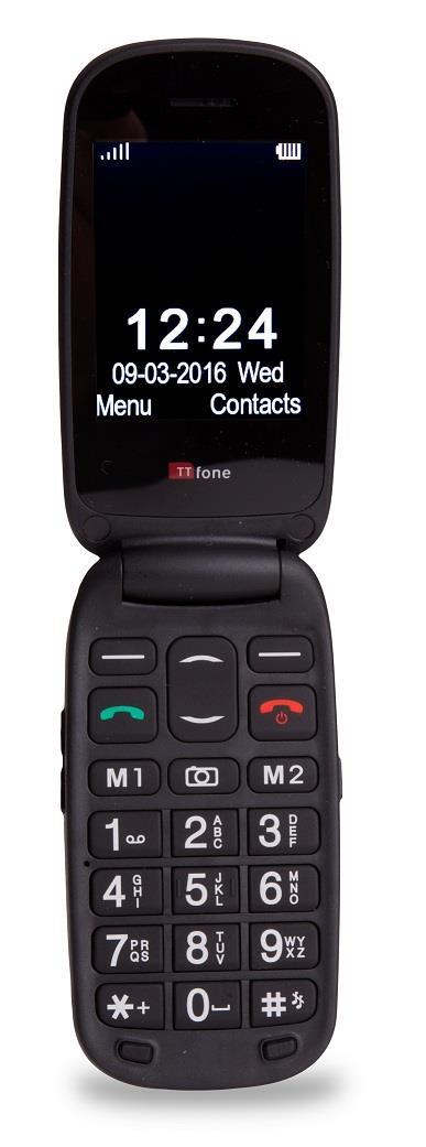 TT750 Lunar BLACK Flip Folding Dual Screen Big Button Mobile Phone & Dock Charger, CB4 Nylon Holster Case & Vodafone Sim Card