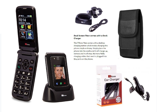 TT950 3G Flip Android Simple Whatsapp Mobile Phone & In Car Charger, Dock Charger, CB9 Nylon Holster Case & Vodafone Sim Card