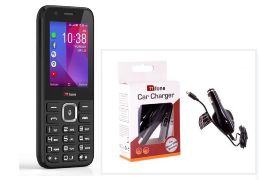 TT240 Simple Whatsapp Mobile Phone 3G KaiOS Feature Smartphone & In Car Charger & Vodafone PAYG Sim Card