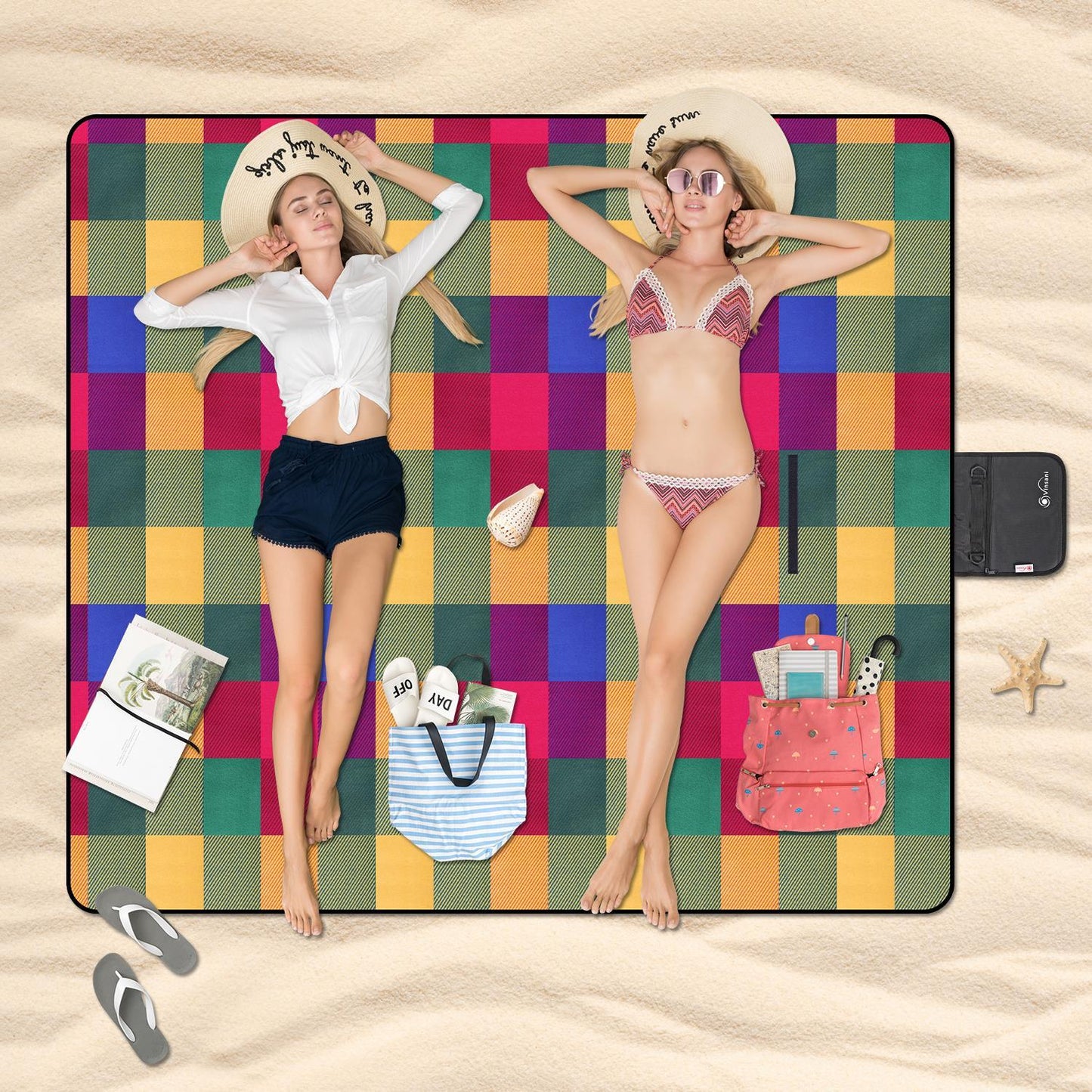 200 x 180cm Folding Picnic Blanket Waterproof & Sandproof - Multicoloured