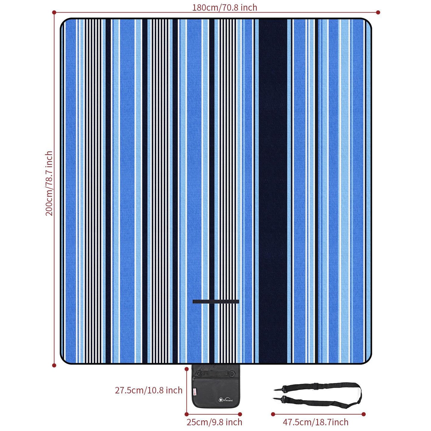200 x 180cm Folding Picnic Blanket Waterproof & Sandproof - Blue Stripe
