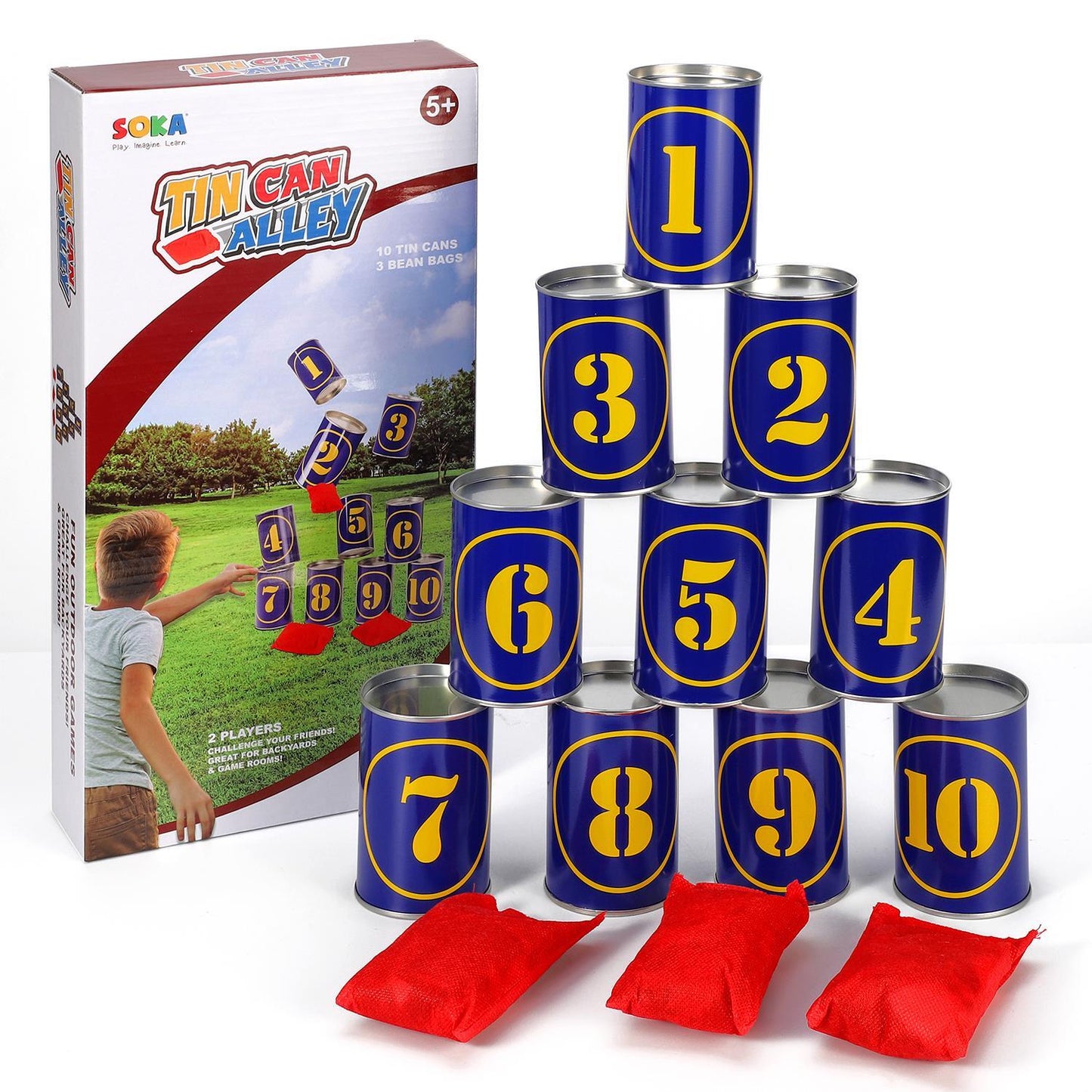 SOKA Tin Can Alley Game 10 Metal Tins & 3 Bean Bags - Indoor Outdoor Games