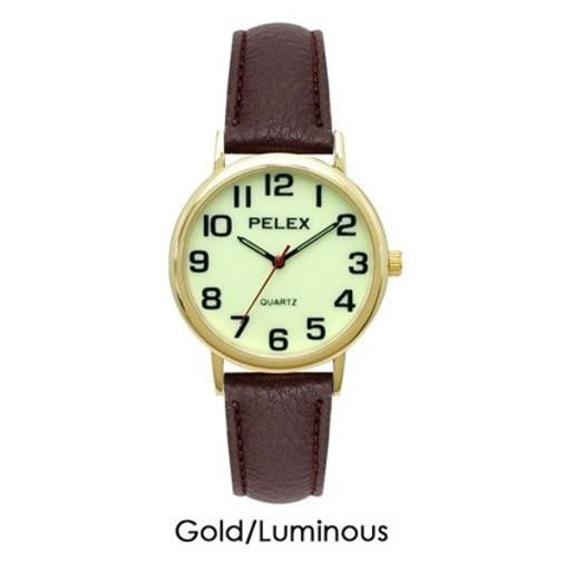 PELEX  Gents Glow In The Dark Leather Strap Quartz Watch PLX-010-GOLD-LUM-BRN