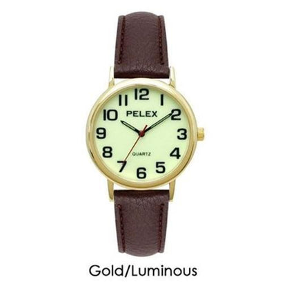 PELEX  Gents Glow In The Dark Leather Strap Quartz Watch PLX-010-GOLD-LUM-BRN