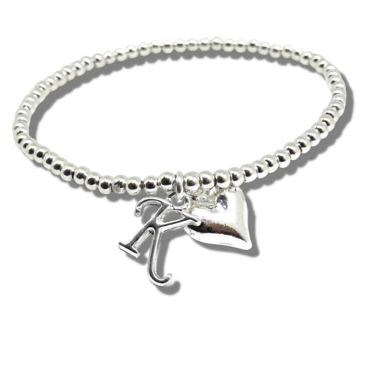 Personalised Silver Initial & Heart Beaded Stretch Bracelet E