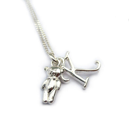 Personalised Sterling Silver Mini Heart & Mini Teddy Charm Necklace S