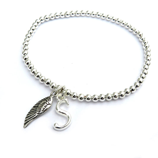 Personalised Initial & Mini Feather Charm Beaded Bracelet M