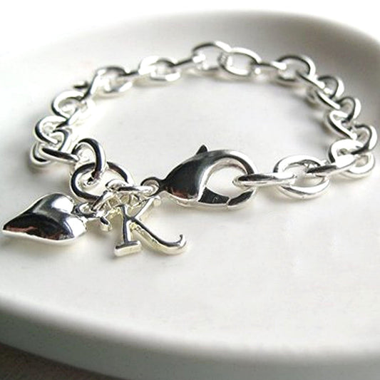 Personalised Initial & Heart Charm Cable Bracelet I