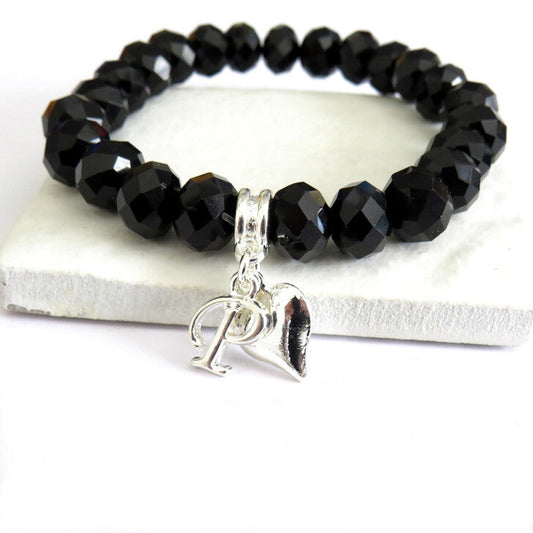 Black Beaded Initial & Heart Charm Bracelet K