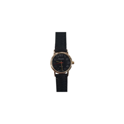 PELEX  Ladies Black Dial Black Leather Strap Quartz Watch PLX-013-GOLD-BLK-BLK