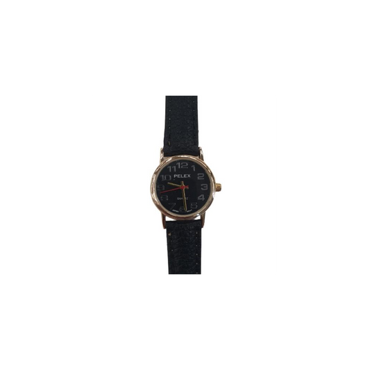 PELEX  Ladies Black Dial Black Leather Strap Quartz Watch PLX-013-GOLD-BLK-BLK