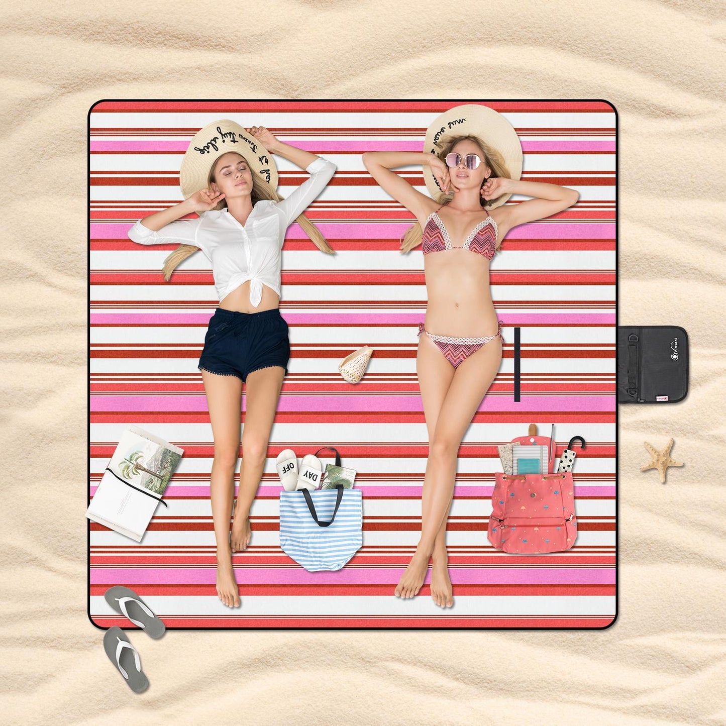 200 x 200cm Folding Picnic Blanket Waterproof & Sandproof- Pink Stripe