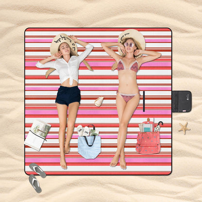 200 x 200cm Folding Picnic Blanket Waterproof & Sandproof- Pink Stripe