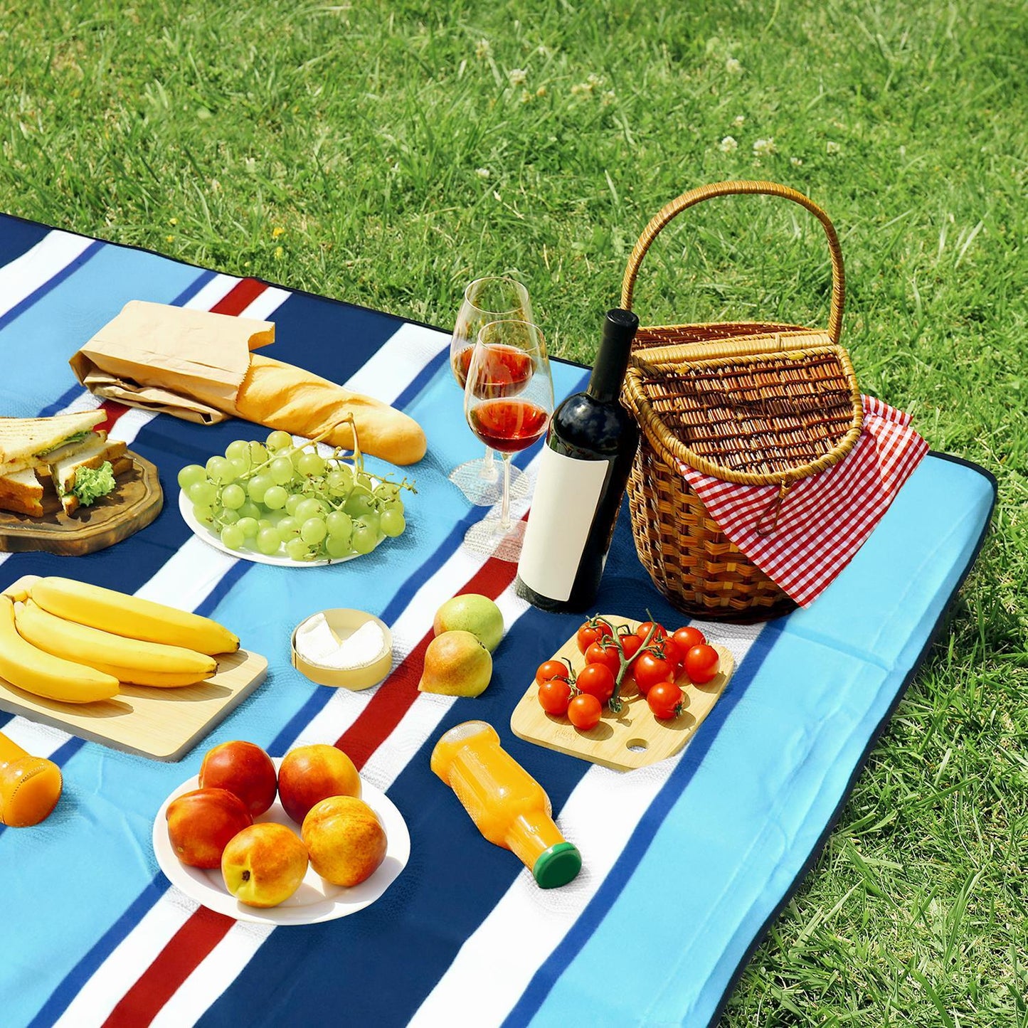 200 x 200cm Folding Picnic Blanket Waterproof & Sandproof- Aqua Stripe