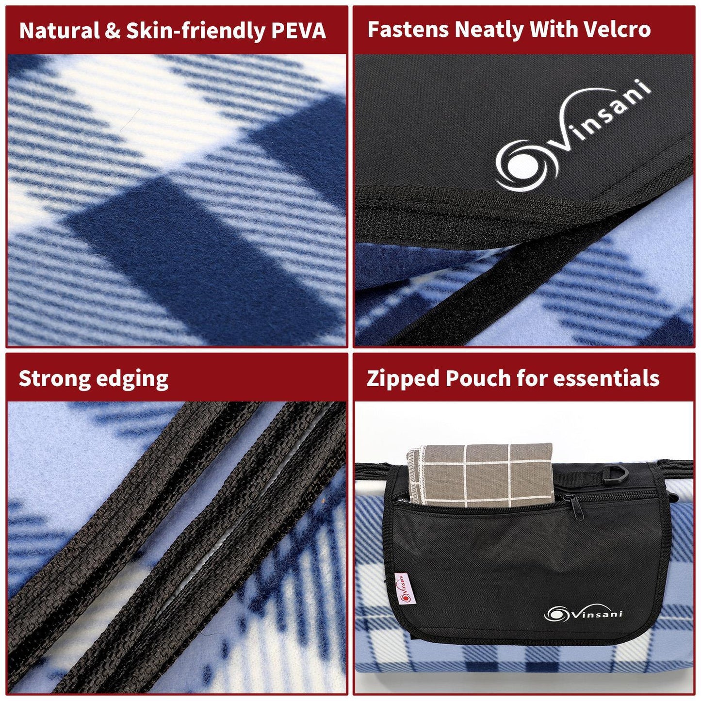200 x 200cm Folding Picnic Blanket Waterproof & Sandproof- Checkered