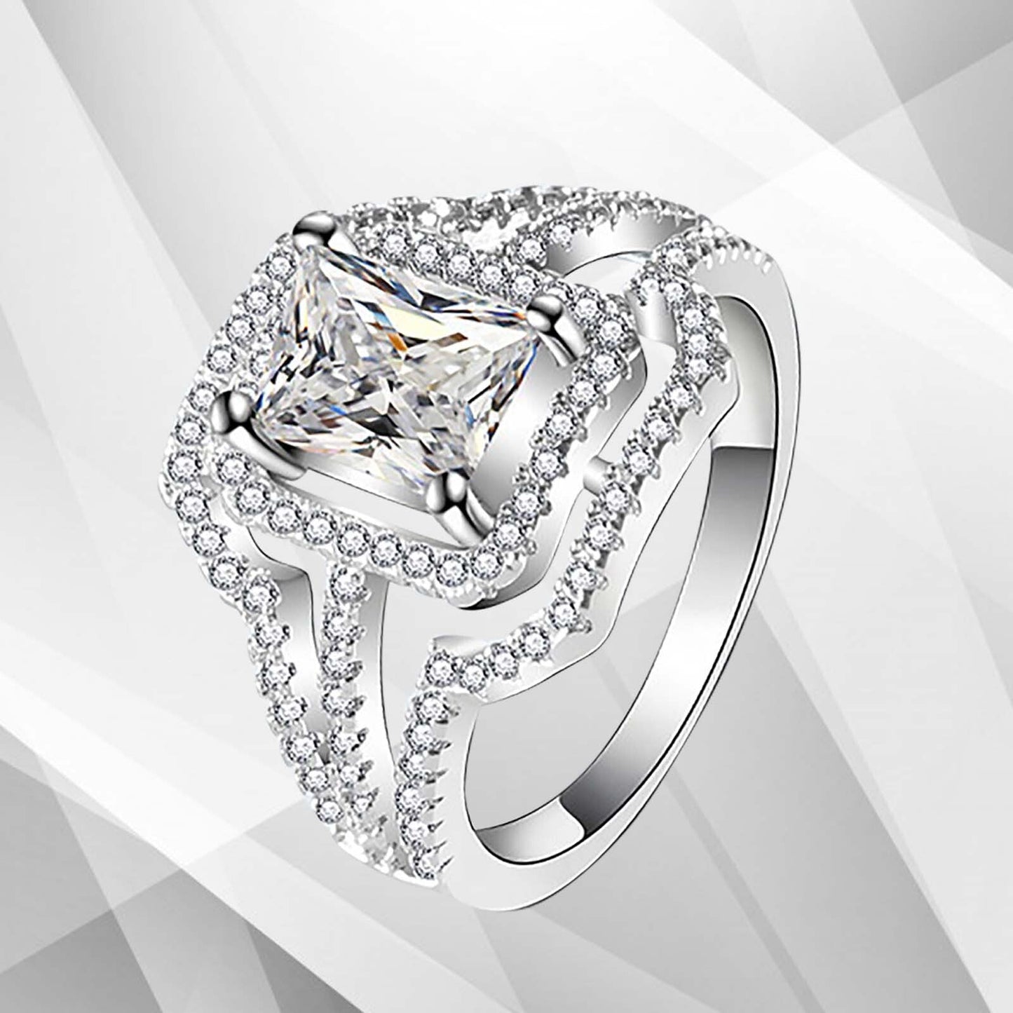3.2Ct Square-Cut Diamond Cushion Halo Bridal Engagement Ring 18K White Gold Over, Ring Size L