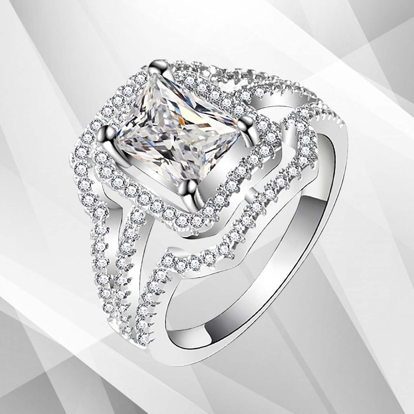 3.2Ct Square-Cut Diamond Cushion Halo Bridal Engagement Ring 18K White Gold Over, Ring Size L