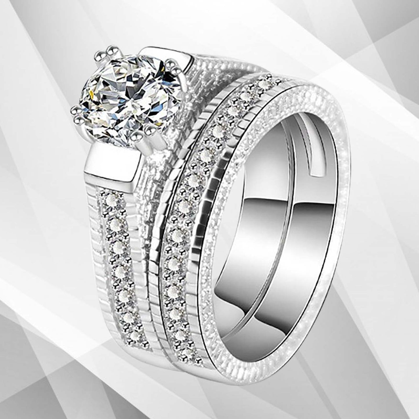 2.50Ct Diamond Posh Bridal Engagement Double Band Ring Set 18Ct White Gold Over, Ring Size Q