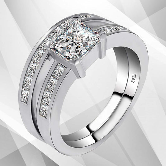 2.0Ct Total 20 CZ Diamonds Bridal Engagement Double Ring Set 18K White Gold Over, Ring Size R