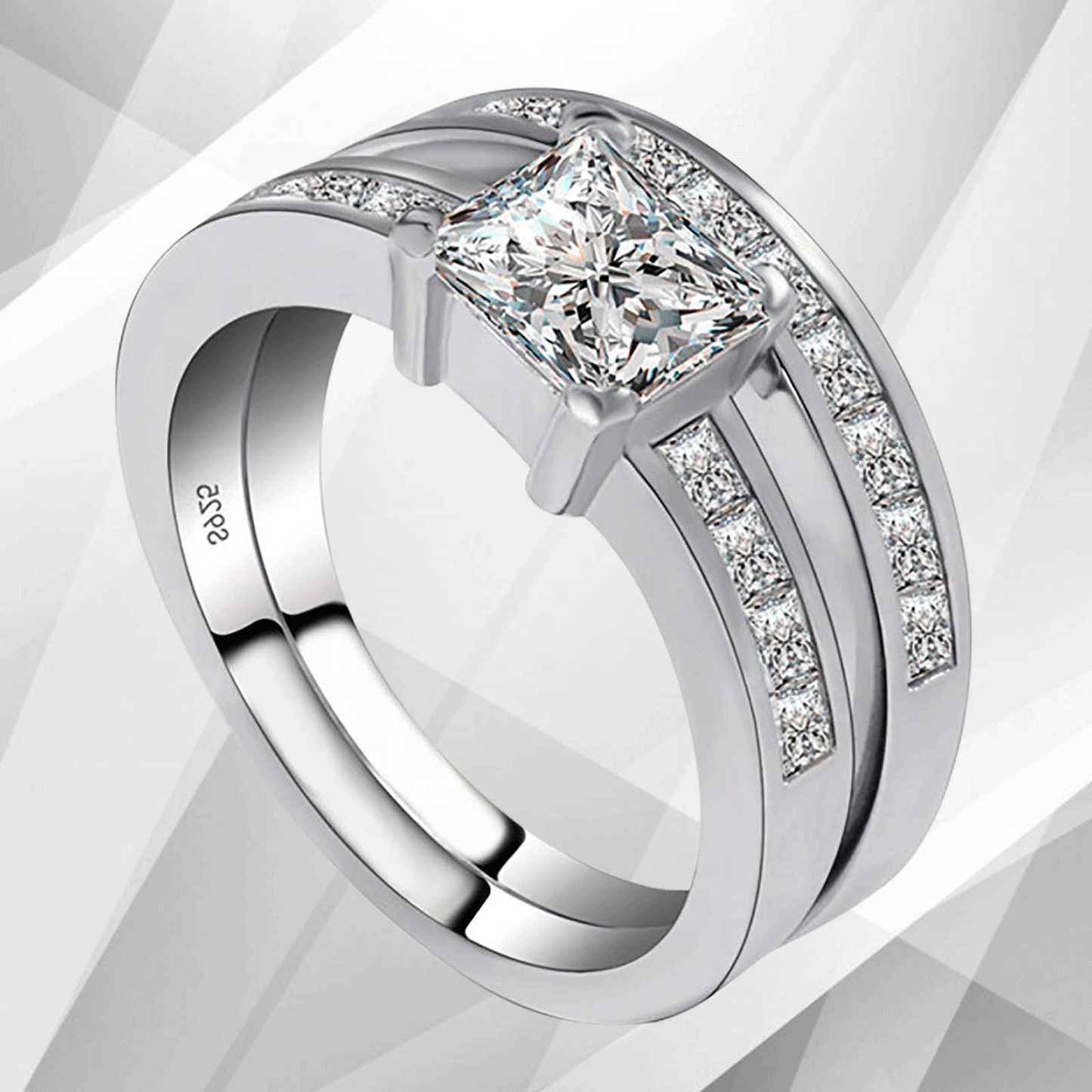 2.0Ct Total 20 CZ Diamonds Bridal Engagement Double Ring Set 18K White Gold Over, Ring Size R