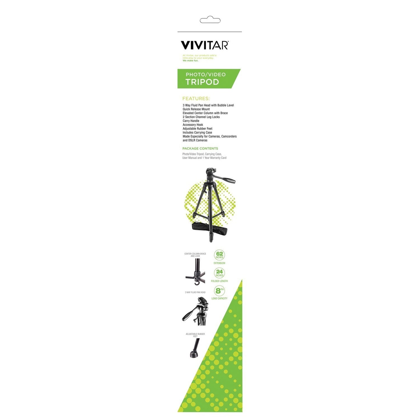 Vivitar VIV-VPT-3662 Professional Tripod with 3-Way Fluid Pan Head (62 Inches)