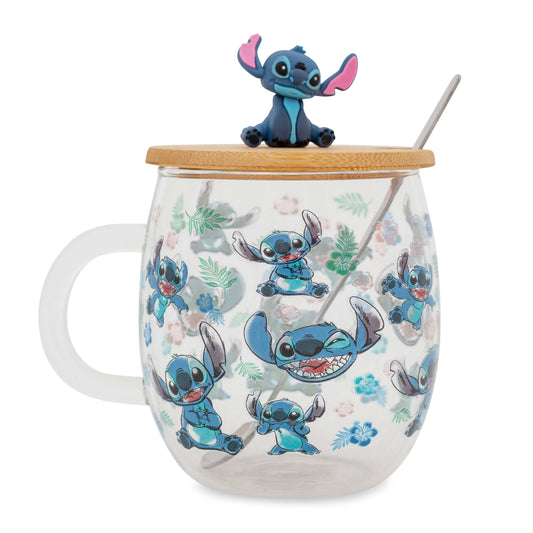 Disney Lilo & Stitch Expressions Glass Mug With Lid and Spoon | Holds 17 Ounces