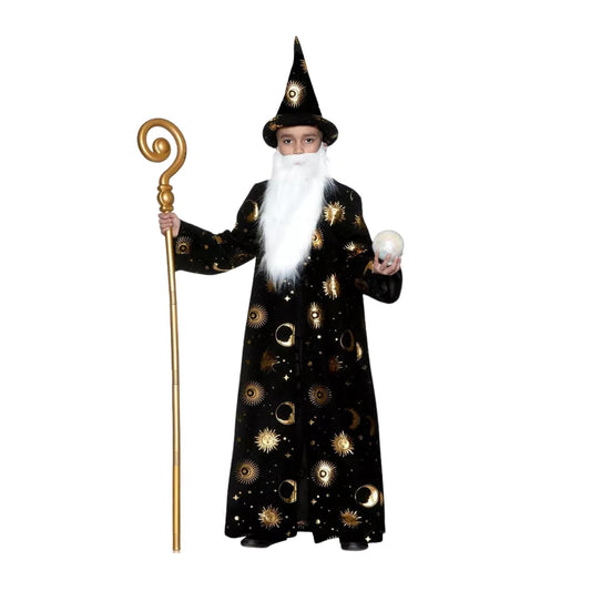 Black Wizard Robe w/ Hat & Beard Child Costume | Medium