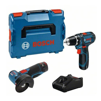 Pack 2 BOSCH tools GSR 12V-15 drill-screwdriver + GWS 12V-76 angle grinder + 2 2Ah 12V batteries + charger in L-BOXX