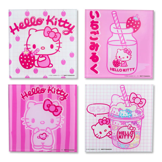 Sanrio Hello Kitty Strawberry Milk Glass Coasters | Set of 4