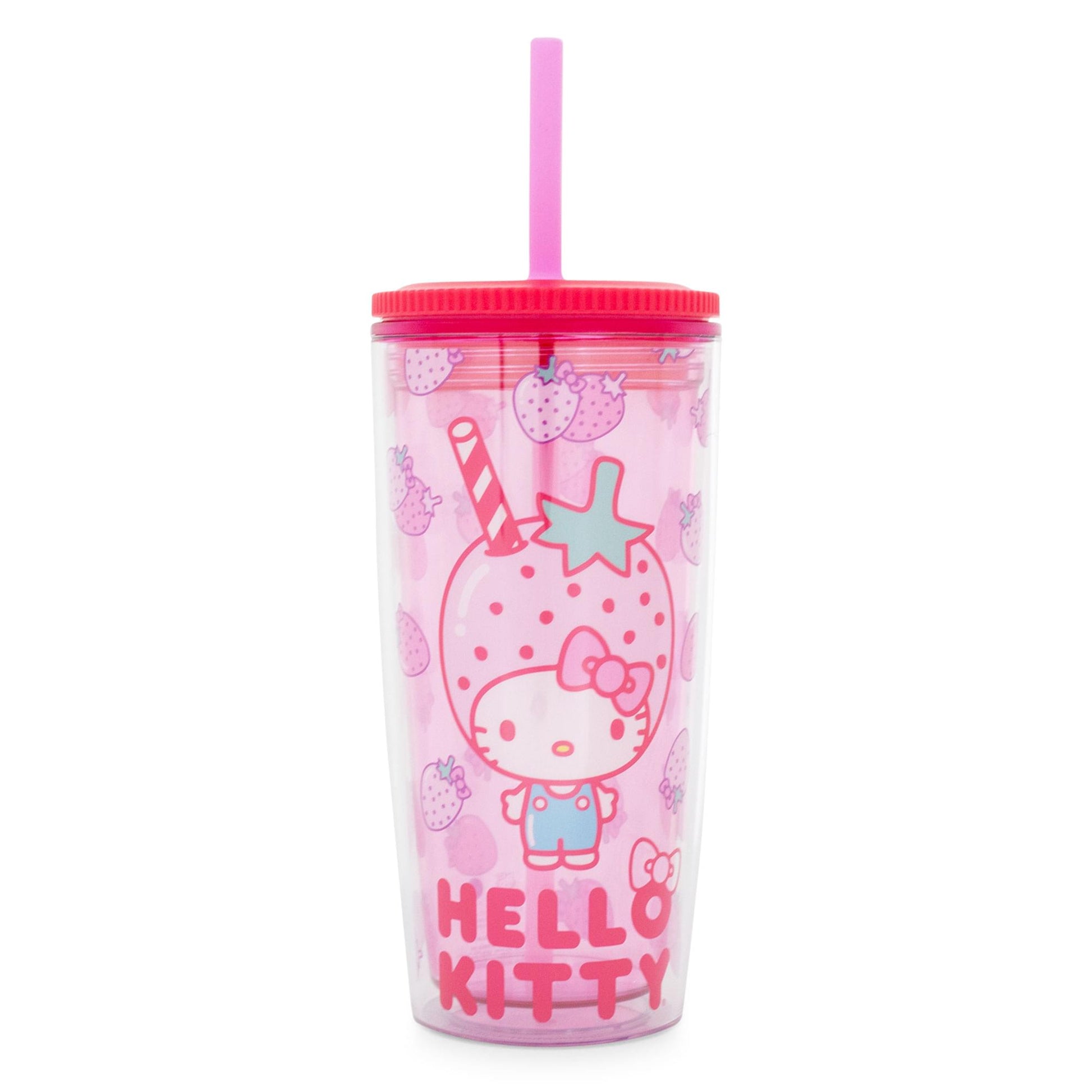 Sanrio Hello Kitty Strawberries Plastic Tumbler With Lid and Straw | 20 Ounces
